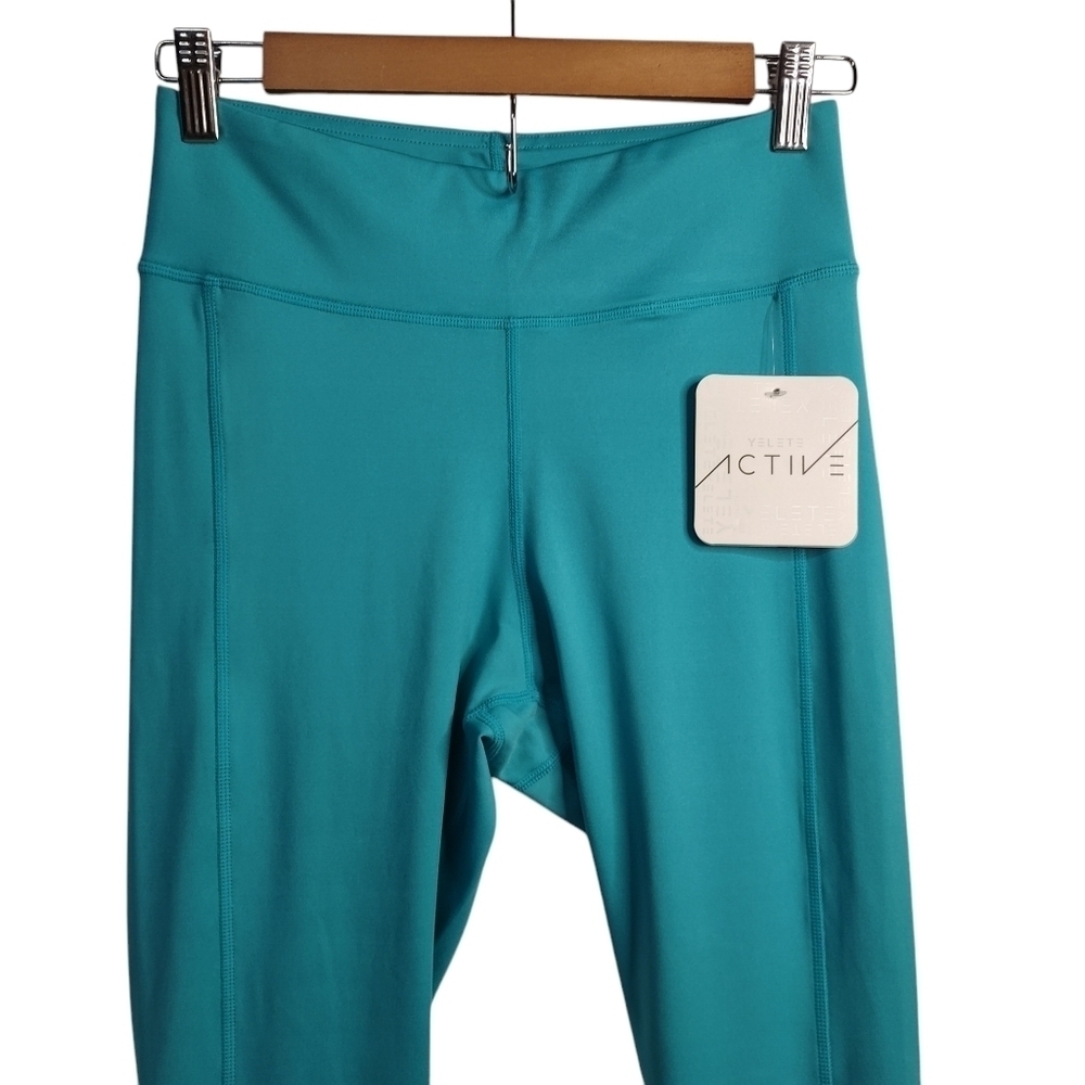 Active Women's Peacock Teal High Waist Criss-cross Ankle Leggings Size S NWT - Picture 7 of 11
